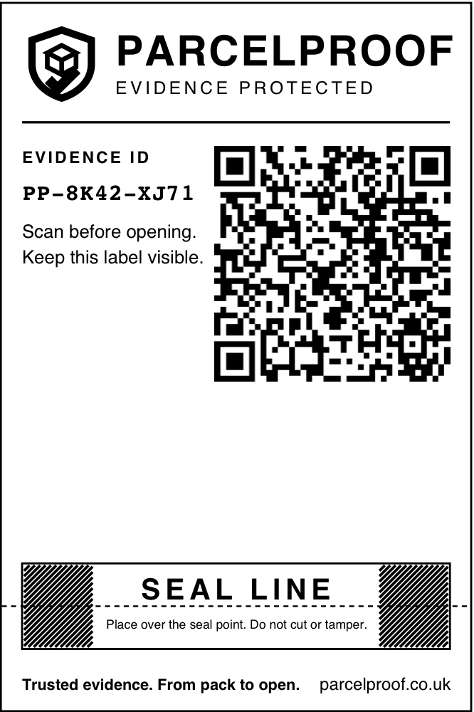 A printed ParcelProof tag: Evidence ID, QR code to scan before opening, and a seal line placed over the box seal